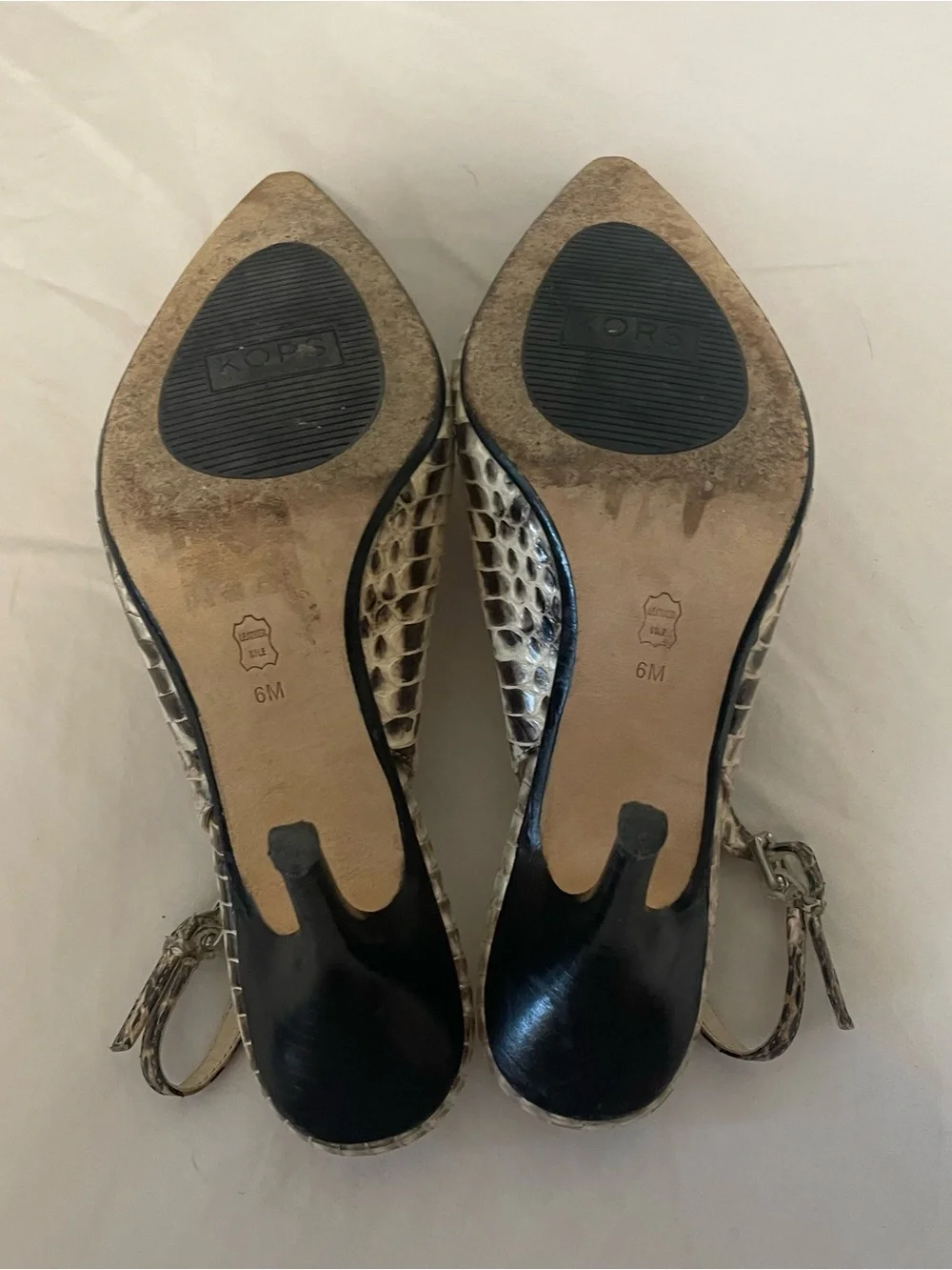 KORS Michael Kors Beige and Black Snake-Print Slingback Pumps